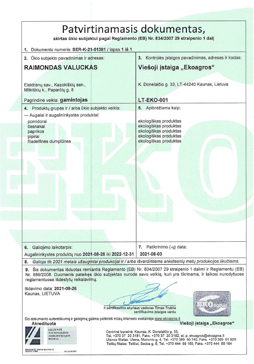 Ekologinės produkcijos sertifikatas